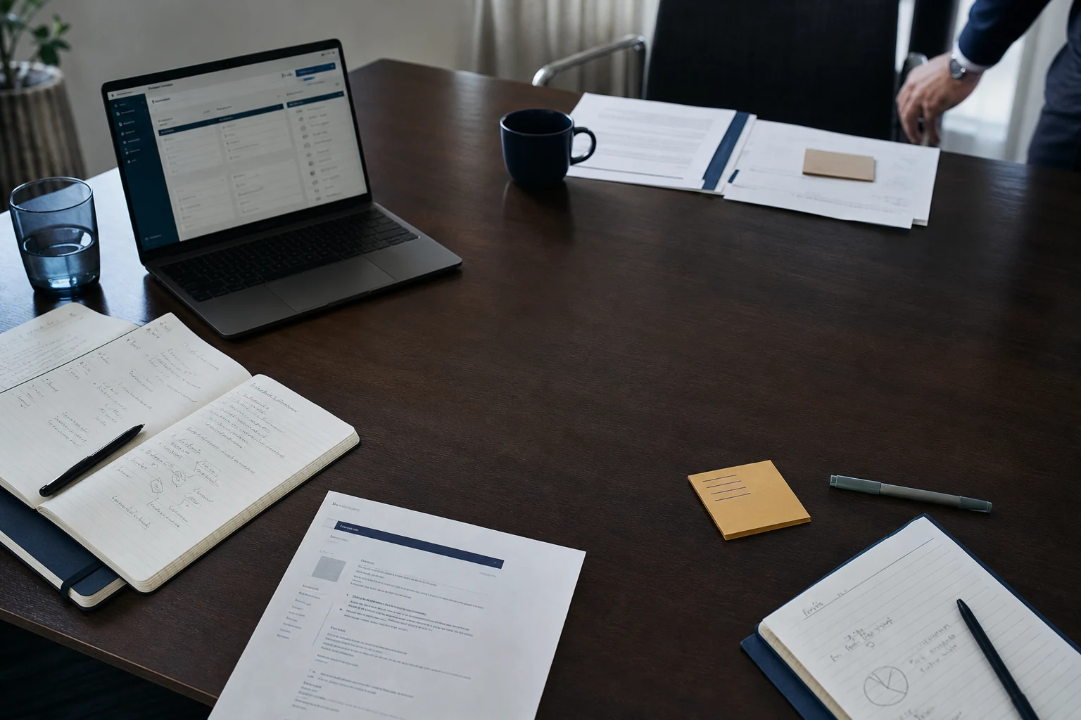 Vergadertafel met verspreide notities, een CRM-scherm en een losstaande vervolgactie