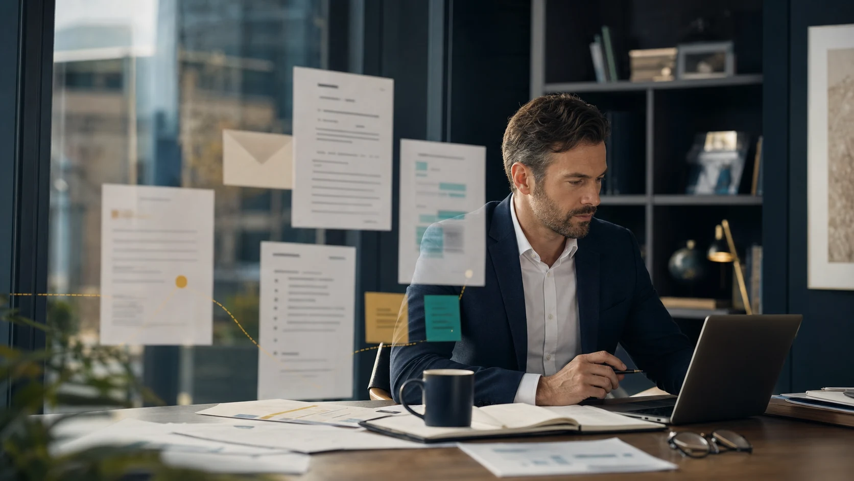 Zakelijke professional omringd door losstaande e-mail-, CRM-, document- en taakstromen